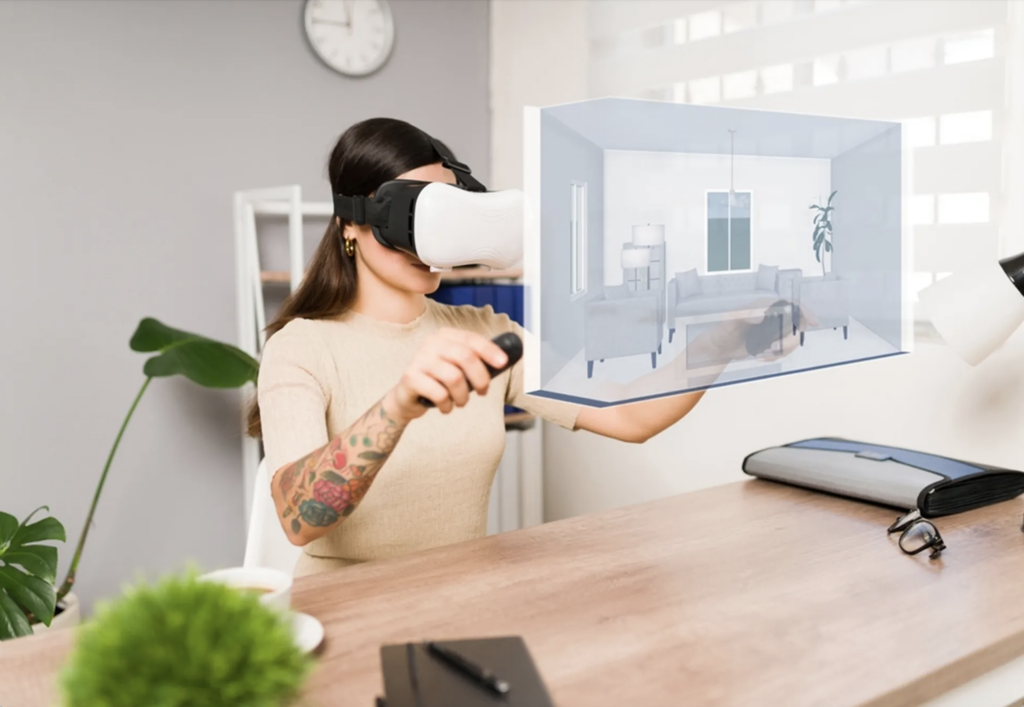 A woman wearing VR glasses and engaging with VR house tour.